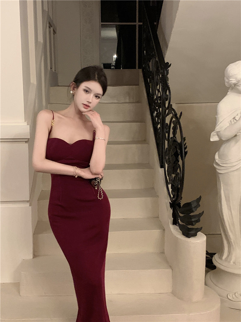 Splendid Mermaid Red Maxi Dress Minimalism Evening Outfit Spaghetti Strap Long Dress AP3531