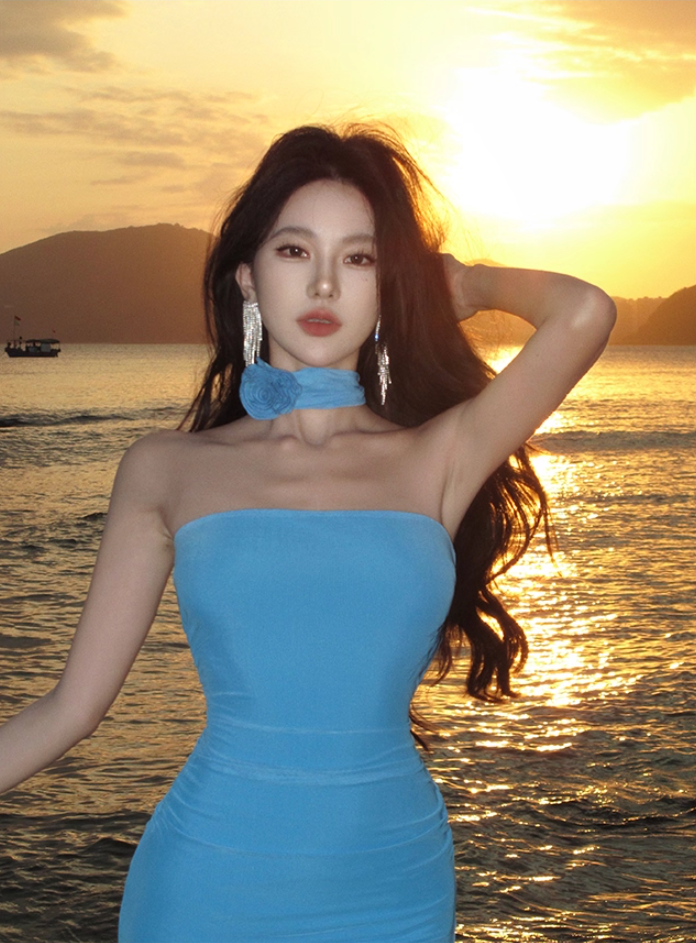 Fascinating Asymmetric Hem Ruffles Trim Mini Dress Y2K Style Bodycon Strapless Floral Design Short Dress AP3532