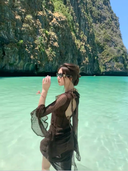 Appealing Sheath Long Bell Sleeve Maxi Dresses Hottie V-Neck Bikini Cover-Up Cutout Ruffles Trim Long Dress AP3533