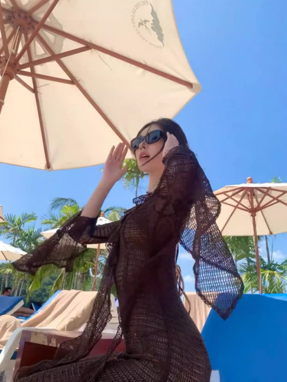 Appealing Sheath Long Bell Sleeve Maxi Dresses Hottie V-Neck Bikini Cover-Up Cutout Ruffles Trim Long Dress AP3533