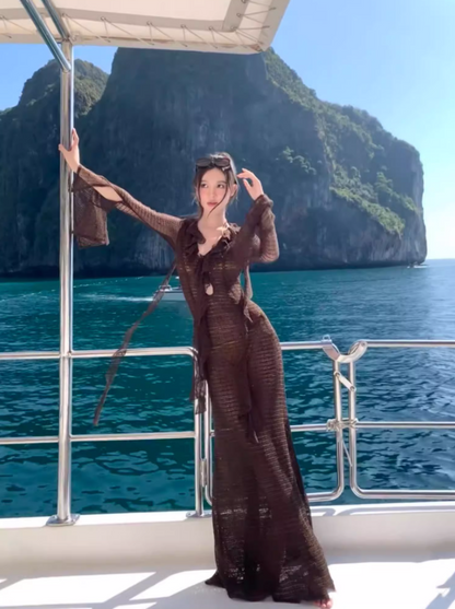 Appealing Sheath Long Bell Sleeve Maxi Dresses Hottie V-Neck Bikini Cover-Up Cutout Ruffles Trim Long Dress AP3533