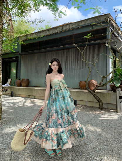 Amazing Strapless Floral Print Backless Maxi Dresses Vibrant Knot Front A-Line Ruffles Hem Long Dress AP3534