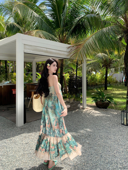 Amazing Strapless Floral Print Backless Maxi Dresses Vibrant Knot Front A-Line Ruffles Hem Long Dress AP3534