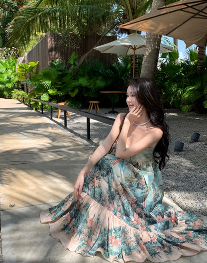 Amazing Strapless Floral Print Backless Maxi Dresses Vibrant Knot Front A-Line Ruffles Hem Long Dress AP3534