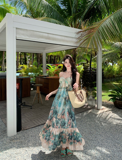 Amazing Strapless Floral Print Backless Maxi Dresses Vibrant Knot Front A-Line Ruffles Hem Long Dress AP3534