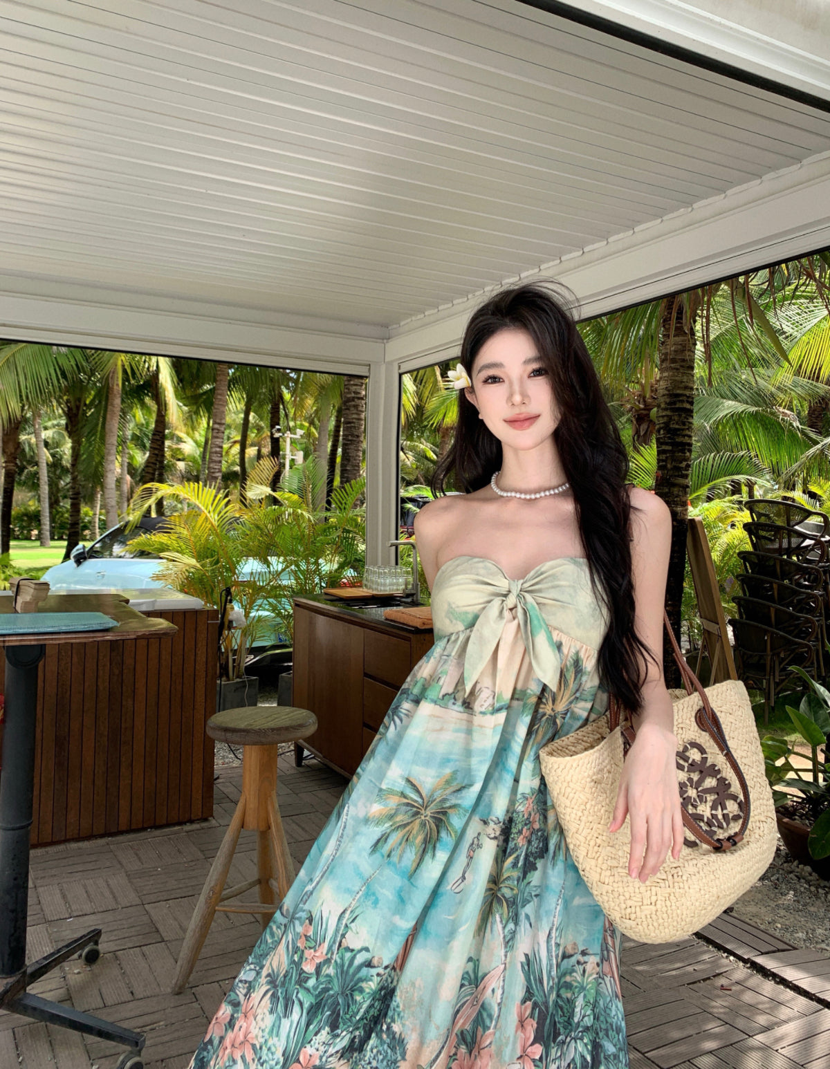 Amazing Strapless Floral Print Backless Maxi Dresses Vibrant Knot Front A-Line Ruffles Hem Long Dress AP3534