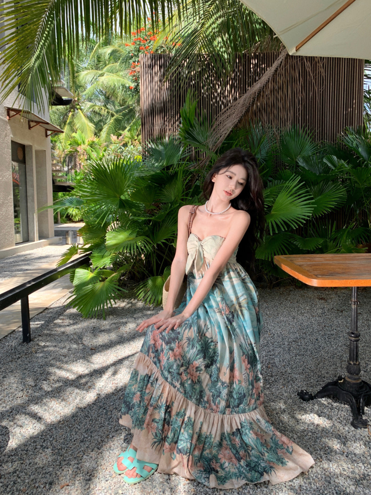 Amazing Strapless Floral Print Backless Maxi Dresses Vibrant Knot Front A-Line Ruffles Hem Long Dress AP3534