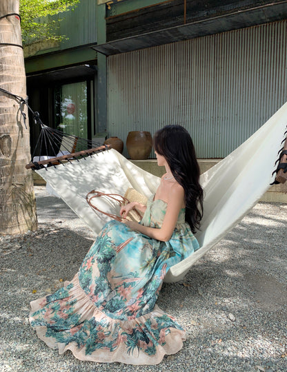 Amazing Strapless Floral Print Backless Maxi Dresses Vibrant Knot Front A-Line Ruffles Hem Long Dress AP3534