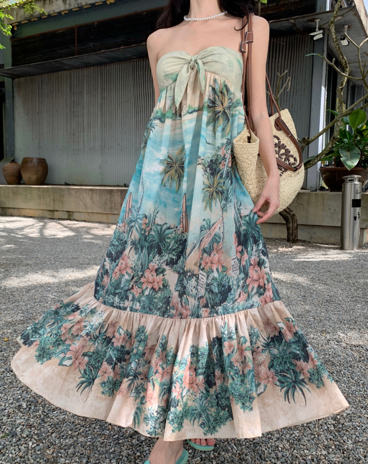 Amazing Strapless Floral Print Backless Maxi Dresses Vibrant Knot Front A-Line Ruffles Hem Long Dress AP3534