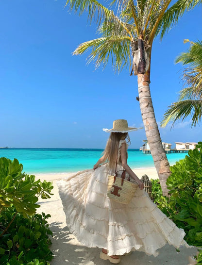 Wonderful V Neck A-Line Sleeveless Maxi Dress Dreamy Ruffles Tiered Hem Vacays Outfit Long Dress AP3535