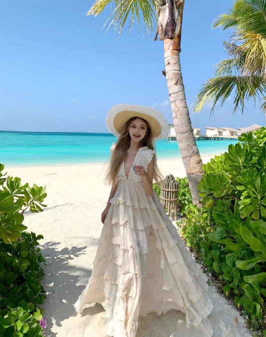 Wonderful V Neck A-Line Sleeveless Maxi Dress Dreamy Ruffles Tiered Hem Vacays Outfit Long Dress AP3535