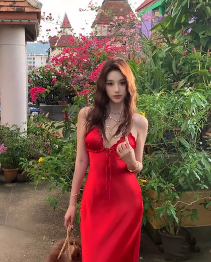 Superb Red Sheath Backless Maxi Dress Alluring Spaghetti Strap Ruffles Trim Soft Fabric Long Dress AP3536