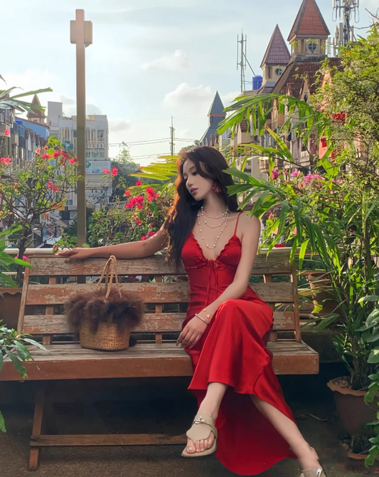 Superb Red Sheath Backless Maxi Dress Alluring Spaghetti Strap Ruffles Trim Soft Fabric Long Dress AP3536