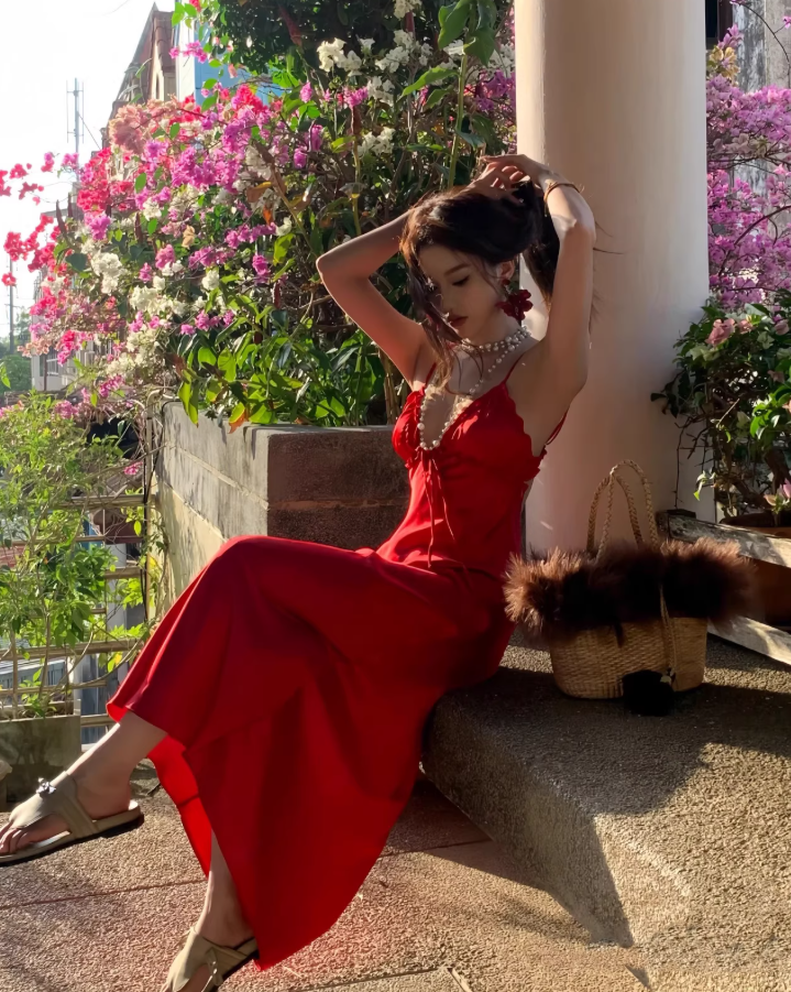 Superb Red Sheath Backless Maxi Dress Alluring Spaghetti Strap Ruffles Trim Soft Fabric Long Dress AP3536