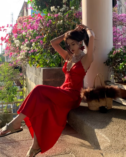 Superb Red Sheath Backless Maxi Dress Alluring Spaghetti Strap Ruffles Trim Soft Fabric Long Dress AP3536