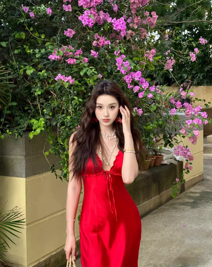 Superb Red Sheath Backless Maxi Dress Alluring Spaghetti Strap Ruffles Trim Soft Fabric Long Dress AP3536