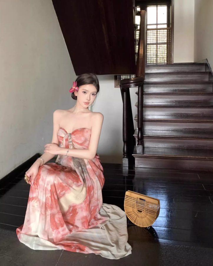 Enchanting Strapless Floral Print Maxi Dresses Fashion Ruched Sheath Flowy Long Dress AP3537