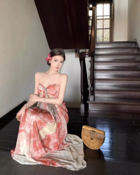 Enchanting Strapless Floral Print Maxi Dresses Fashion Ruched Sheath Flowy Long Dress AP3537