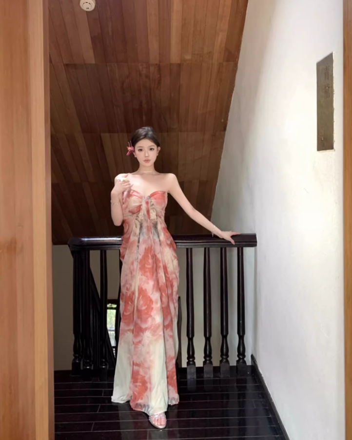 Enchanting Strapless Floral Print Maxi Dresses Fashion Ruched Sheath Flowy Long Dress AP3537