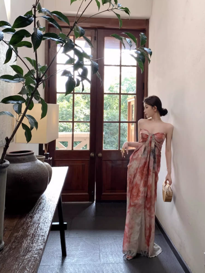 Enchanting Strapless Floral Print Maxi Dresses Fashion Ruched Sheath Flowy Long Dress AP3537