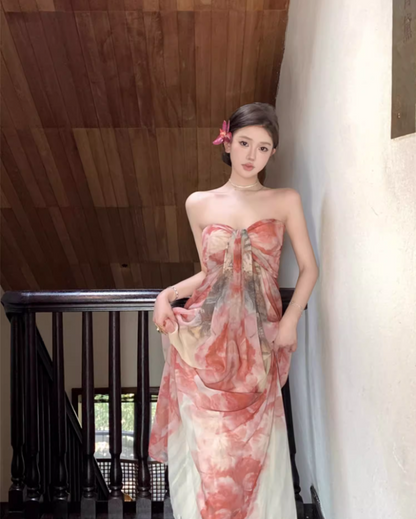 Enchanting Strapless Floral Print Maxi Dresses Fashion Ruched Sheath Flowy Long Dress AP3537