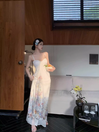 Beautiful A-Line Spaghetti Straps Maxi Dress Enticing Floral Print Draped Tulle Long Dress AP3538