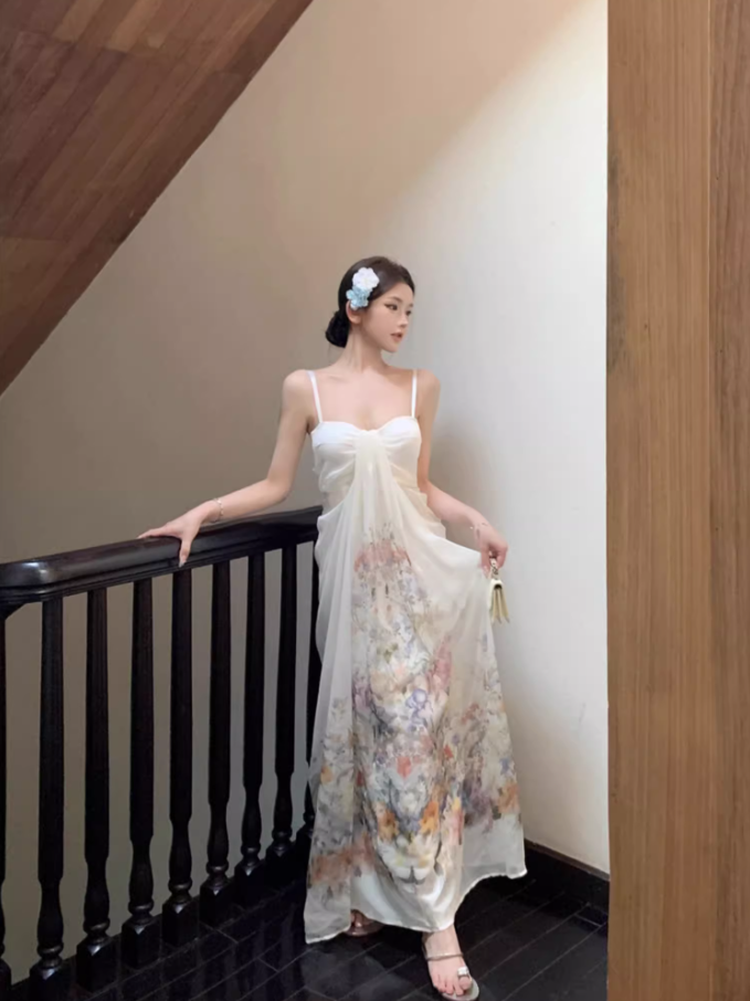 Beautiful A-Line Spaghetti Straps Maxi Dress Enticing Floral Print Draped Tulle Long Dress AP3538