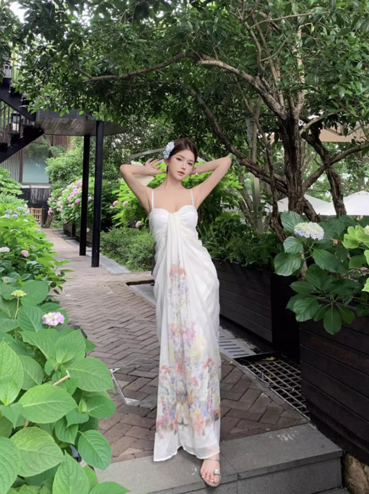 Beautiful A-Line Spaghetti Straps Maxi Dress Enticing Floral Print Draped Tulle Long Dress AP3538