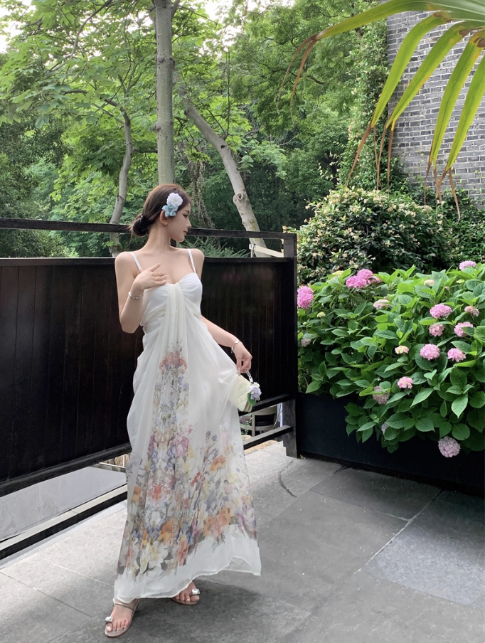 Beautiful A-Line Spaghetti Straps Maxi Dress Enticing Floral Print Draped Tulle Long Dress AP3538