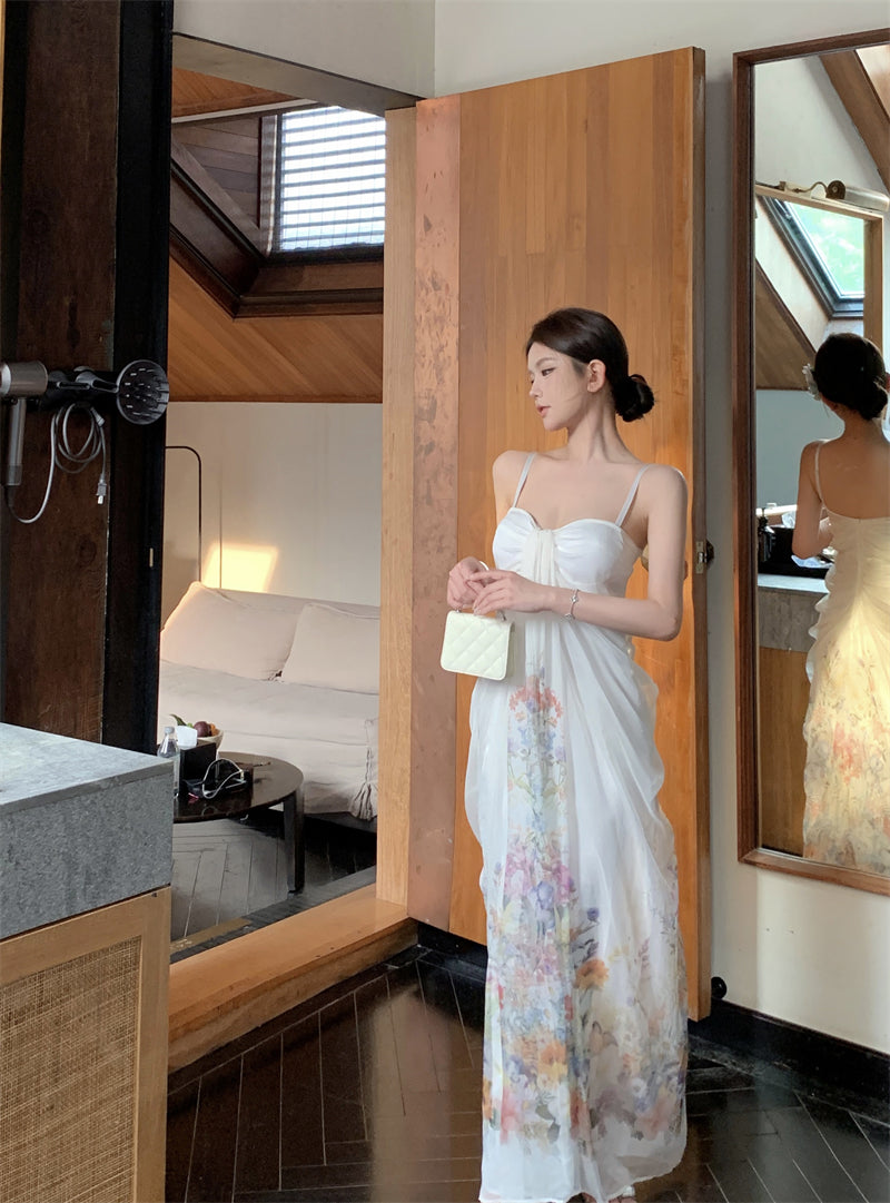 Beautiful A-Line Spaghetti Straps Maxi Dress Enticing Floral Print Draped Tulle Long Dress AP3538