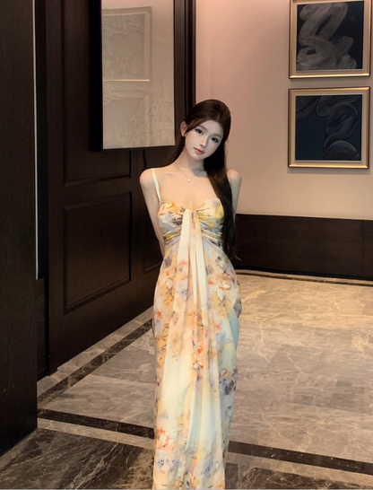 Refined Spaghetti Straps A-Line Maxi Dress Sweet Draped Tulle Floral Print Long Dress AP3539