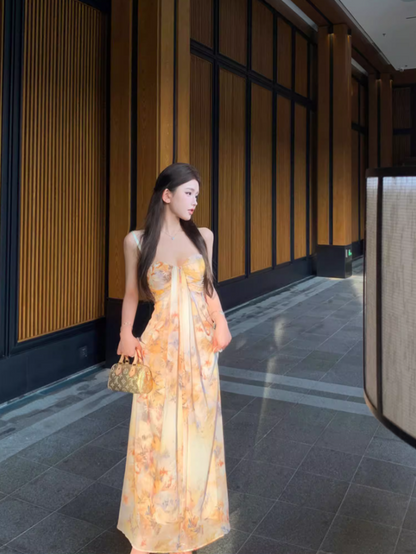 Refined Spaghetti Straps A-Line Maxi Dress Sweet Draped Tulle Floral Print Long Dress AP3539