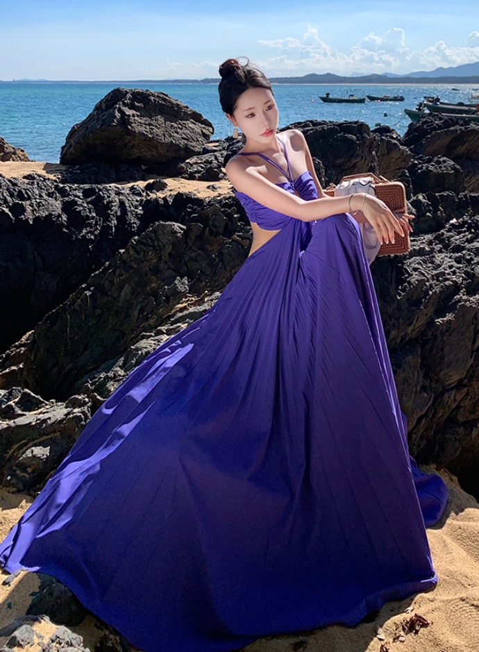 Lovely A-Line Cutout Pressed Pleat Maxi Dress Novelty Vacays Parties High-Slit Tie-Back Halter Long Dress AP3540