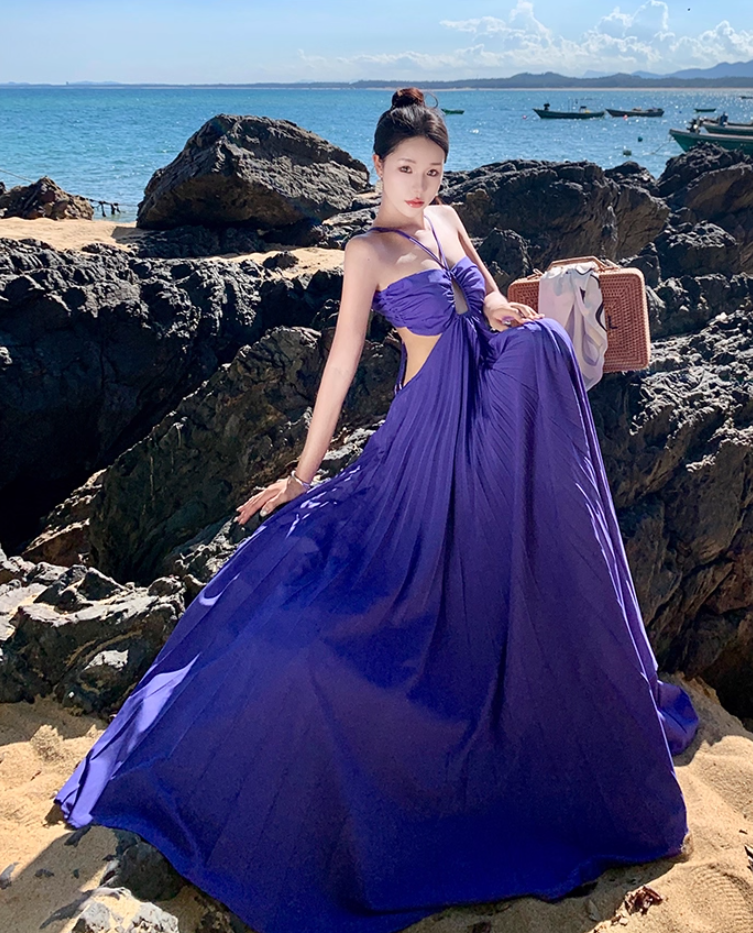 Lovely A-Line Cutout Pressed Pleat Maxi Dress Novelty Vacays Parties High-Slit Tie-Back Halter Long Dress AP3540