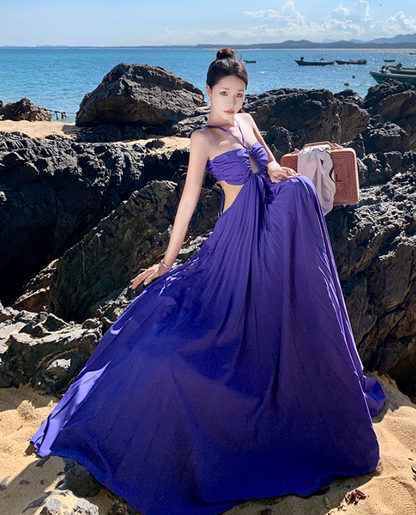 Lovely A-Line Cutout Pressed Pleat Maxi Dress Novelty Vacays Parties High-Slit Tie-Back Halter Long Dress AP3540