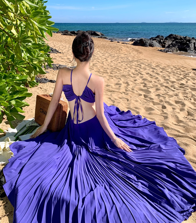 Lovely A-Line Cutout Pressed Pleat Maxi Dress Novelty Vacays Parties High-Slit Tie-Back Halter Long Dress AP3540