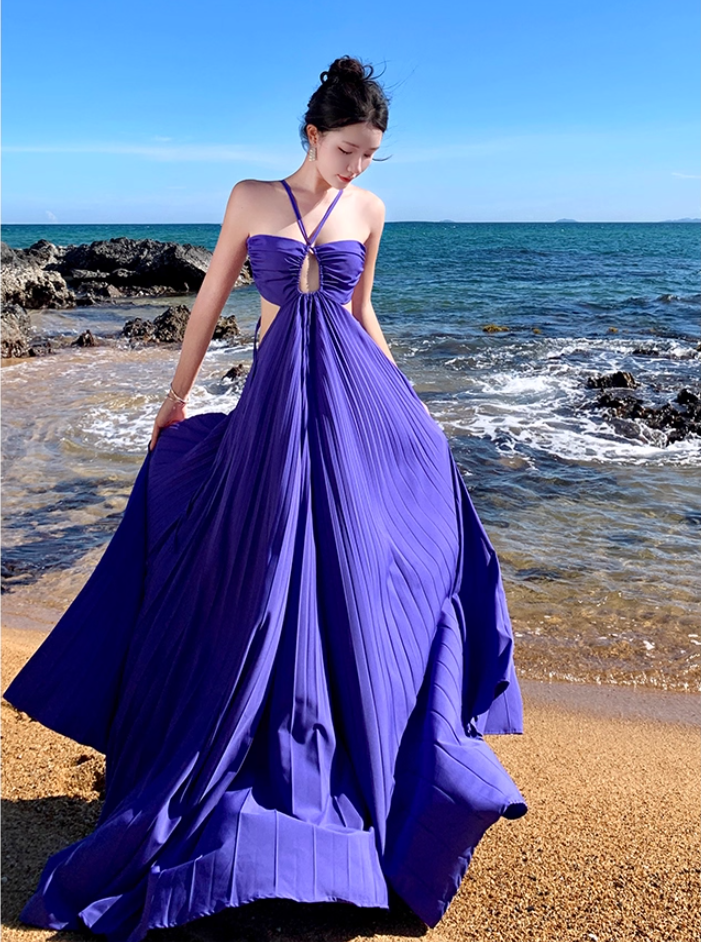 Lovely A-Line Cutout Pressed Pleat Maxi Dress Novelty Vacays Parties High-Slit Tie-Back Halter Long Dress AP3540