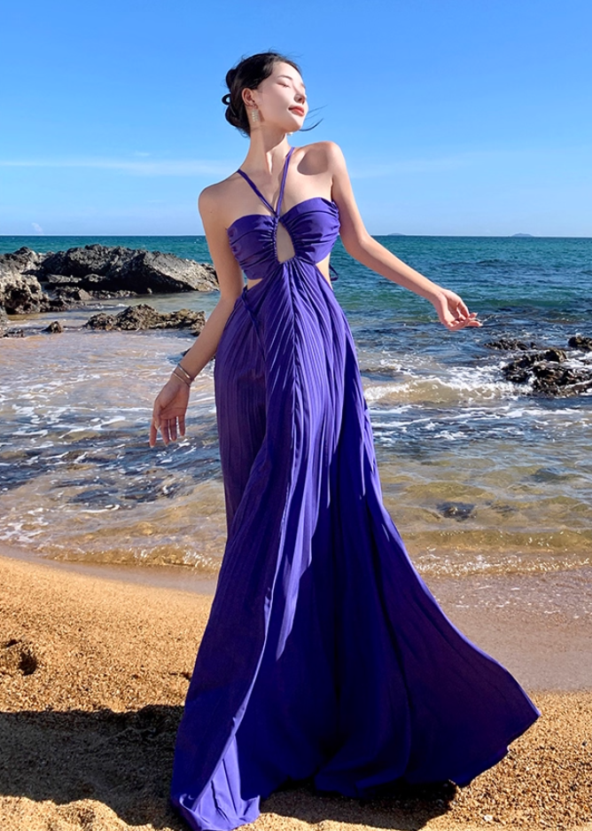 Lovely A-Line Cutout Pressed Pleat Maxi Dress Novelty Vacays Parties High-Slit Tie-Back Halter Long Dress AP3540