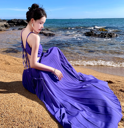 Lovely A-Line Cutout Pressed Pleat Maxi Dress Novelty Vacays Parties High-Slit Tie-Back Halter Long Dress AP3540