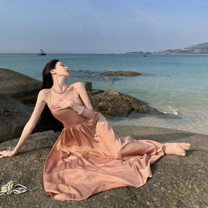 Everyday Wear Spaghetti Straps A-Line Maxi Dress Simple Sheen Fabric Crisscross Back Long Dress AP3541