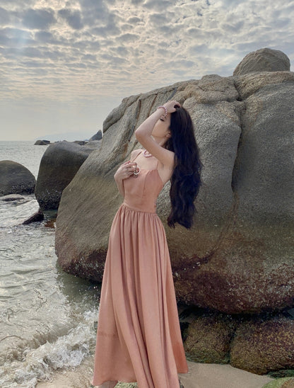 Everyday Wear Spaghetti Straps A-Line Maxi Dress Simple Sheen Fabric Crisscross Back Long Dress AP3541