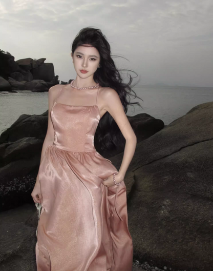 Everyday Wear Spaghetti Straps A-Line Maxi Dress Simple Sheen Fabric Crisscross Back Long Dress AP3541