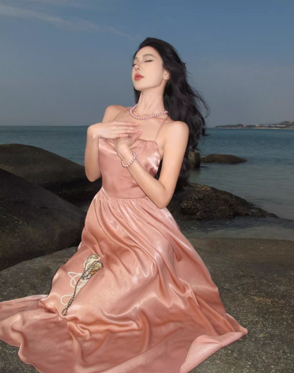 Everyday Wear Spaghetti Straps A-Line Maxi Dress Simple Sheen Fabric Crisscross Back Long Dress AP3541