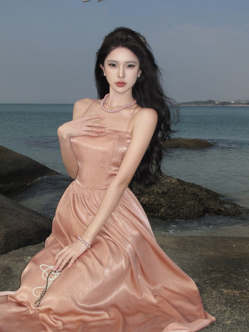 Everyday Wear Spaghetti Straps A-Line Maxi Dress Simple Sheen Fabric Crisscross Back Long Dress AP3541