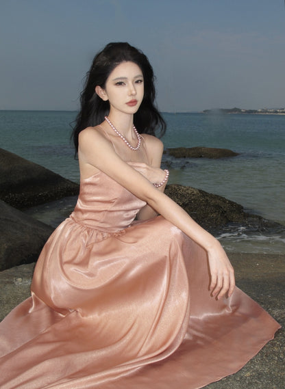 Everyday Wear Spaghetti Straps A-Line Maxi Dress Simple Sheen Fabric Crisscross Back Long Dress AP3541