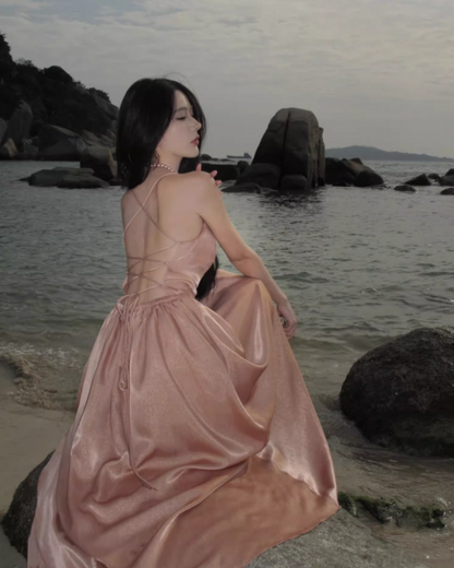 Everyday Wear Spaghetti Straps A-Line Maxi Dress Simple Sheen Fabric Crisscross Back Long Dress AP3541