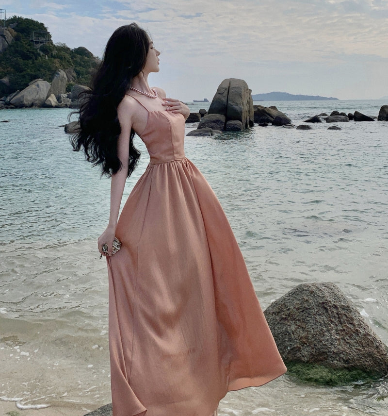 Everyday Wear Spaghetti Straps A-Line Maxi Dress Simple Sheen Fabric Crisscross Back Long Dress AP3541