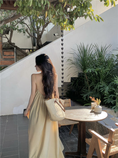 Boho-Inspired Spaghetti Straps Maxi Dress Classical A-Line Backless Minimalism Natural Draped Long Dress AP3542