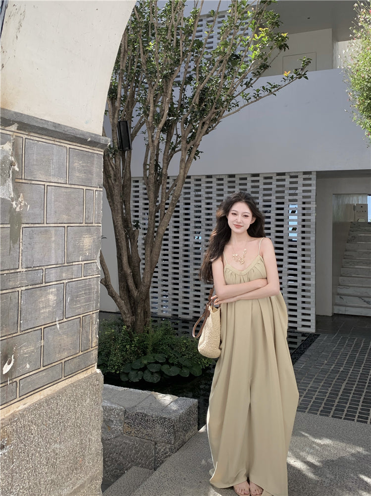 Boho-Inspired Spaghetti Straps Maxi Dress Classical A-Line Backless Minimalism Natural Draped Long Dress AP3542