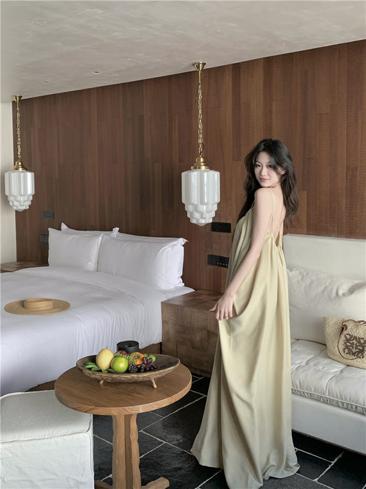 Boho-Inspired Spaghetti Straps Maxi Dress Classical A-Line Backless Minimalism Natural Draped Long Dress AP3542